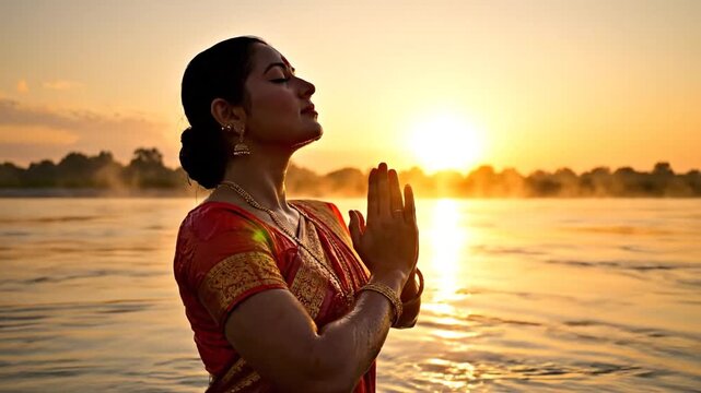 indian woman meditating in holy river at serene sunrise