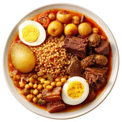 Hearty stew with couscous, meat, potatoes, egg, and chickpeas
