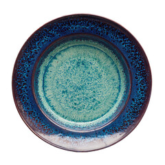 Circular blue plate with speckled rim, teal center