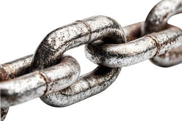 Large old rusty chain is ring of interconnected links long isolated on cut out PNG or transparent background. Made by forming loop of metal such as iron or stainless steel and stringing loops together