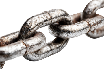 Large old rusty chain is ring of interconnected links long isolated on cut out PNG or transparent background. Made by forming loop of metal such as iron or stainless steel and stringing loops together