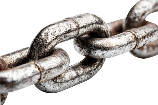 Large old rusty chain is ring of interconnected links long isolated on cut out PNG or transparent background. Made by forming loop of metal such as iron or stainless steel and stringing loops together - Powered by Adobe