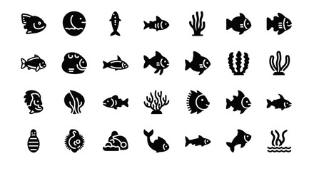 Collection of aquatic life glyph icons. A simple black vector silhouette set of various fish, coral, and underwater sea creatures for design