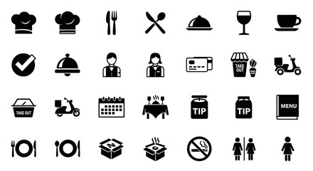 A comprehensive collection of black glyph icons for restaurant, cafe, and food delivery services, perfect for web and app design
