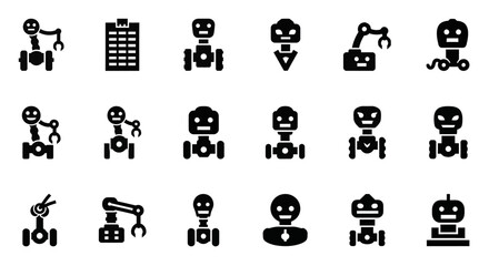 A solid black glyph icon set showcasing various robot designs, artificial intelligence concepts, and industrial automation machinery