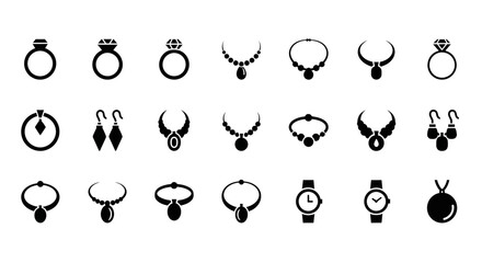 Set of minimalist jewelry icons in a flat glyph style. Vector graphics collection includes rings, necklaces, watches, and accessories
