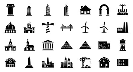 A diverse vector icon set featuring architecture and building silhouettes. This collection of glyphs includes city landmarks and urban structures