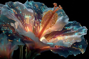 Beautiful time lapse concept of a flower blooming but the petals are made of glowing holographic stock tickers and charts unfolding to reveal a successful outcome