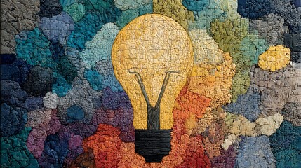 Beautiful intricate puzzle where each piece is a different vibrant color and material fitting together perfectly to form a glowing cohesive image of a lightbulb