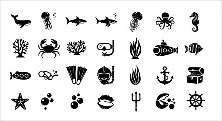 A creative collection of black silhouette icons representing sea life, marine animals, and various underwater nautical elements © Steven