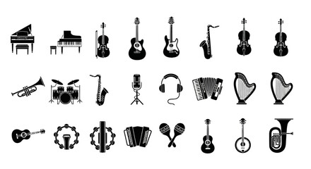 Flat design music icon set featuring various orchestra and band instruments, a simple silhouette vector graphic collection