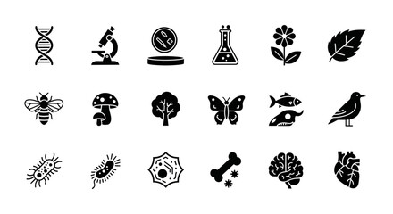 A comprehensive set of flat black glyph icons representing various concepts in biology, nature, and life sciences
