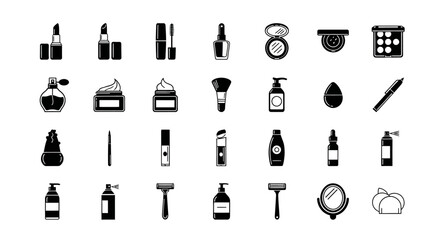 Comprehensive glyph icon set of beauty, cosmetics, and personal care products. Includes makeup, skincare, and grooming tools in a flat silhouette style