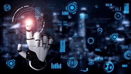 A dynamic image of a robotic hand reaching for a holographic interface in a vibrant cityscape, symbolizing the intersection of technology, innovation, and futuristic concepts. Xenic