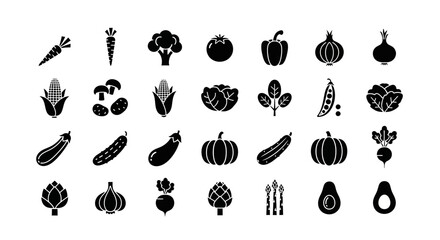 Comprehensive collection of solid black vegetable glyph icons representing fresh farm produce for healthy eating concepts