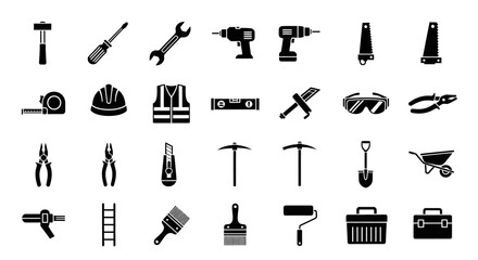 Vector silhouette icons of construction tools and equipment, a kufu set of glyphs for building, repair, and do-it-yourself projects