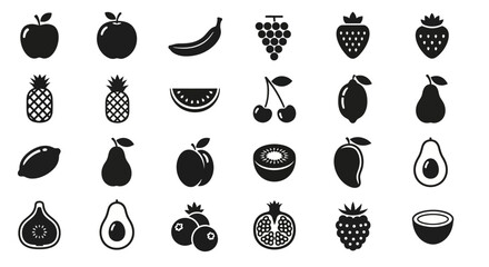 Flat design fruit silhouette icon set. A vector collection of simple food glyphs like apple, berry, and avocado for healthy lifestyle concepts