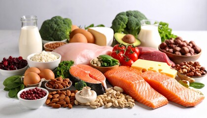 Healthy Foods Proteinrich diet ingredients on white surface Nutritional concept.