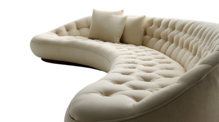 Curved, cream couch, deep button tufting, two square pillows