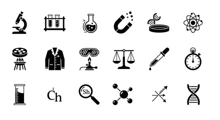 A comprehensive set of monochrome glyph icons representing scientific research, chemistry, and laboratory equipment