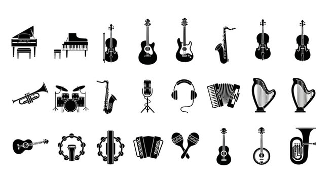 Flat design music icon set featuring various orchestra and band instruments, a simple silhouette vector graphic collection