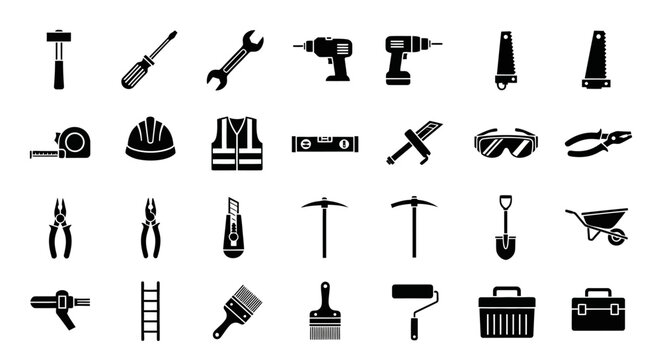 Vector silhouette icons of construction tools and equipment, a kufu set of glyphs for building, repair, and do-it-yourself projects