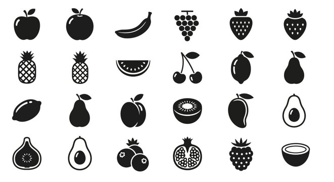 Flat design fruit silhouette icon set. A vector collection of simple food glyphs like apple, berry, and avocado for healthy lifestyle concepts