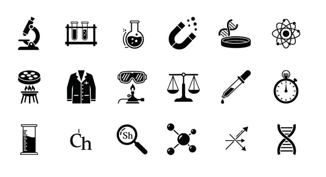 A comprehensive set of monochrome glyph icons representing scientific research, chemistry, and laboratory equipment