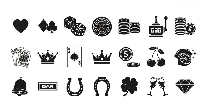 Gambling and casino solid glyph icons set. A creative collection of symbols representing luck, fortune, and betting games for design