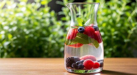 Refreshing berry-infused water in a glass carafe against a vibrant green natural background showcasing a healthy drink