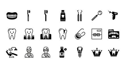 A comprehensive set of line art icons for dentistry, stomatology, and orthodontics, representing dental care tools and oral hygiene concepts