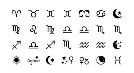 Collection of astrology horoscope symbols. Zodiac signs glyph set for spiritual and mystical design projects. Minimalist vector icons © Steven