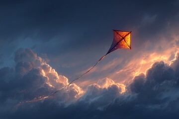 Beautiful vibrant kite flying high in a stormy sky tethered to the ground by a single strong glowing string Symbolizing resilience and ambition in the face of adversity