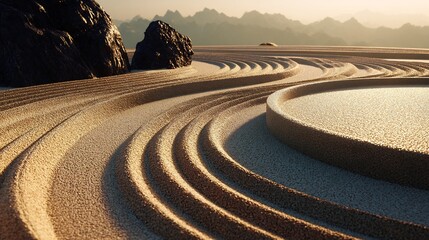 Beautiful serene Zen garden where the sand has been raked into patterns resembling complex data charts and KPI graphs a metaphor for clarity in strategy