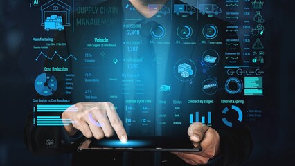 Supply chain management interface showing delivery routes, warehouse efficiency, cost savings, vehicle tracking, procurement ROI, and contract stages. Futuristic supply chain monitoring system. Thunk