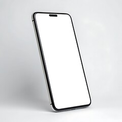 Modern smartphone with a blank white screen tilted on a clean white background for mockup purposes