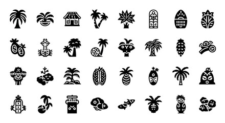 Set of tropical summer icons in a simple glyph style. Includes vector illustrations of palm trees, tiki masks, islands, and fruit © Steven