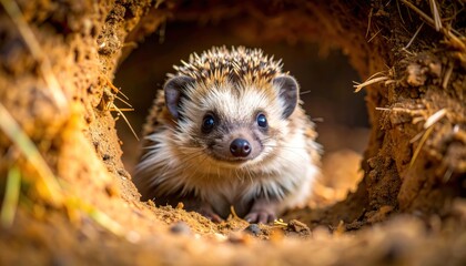 Naklejka premium Curious wild hedgehog peeking shyly from its earthy burrow, a delightful close-up showcasing its spiky coat and innocent gaze in a natural environment, highlighting wildlife