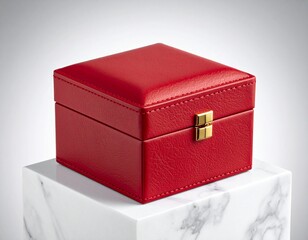 Elegant Red Leather Jewelry Box with Golden Clasp on Marble Pedestal Luxury Gift Packaging and Storage Concept