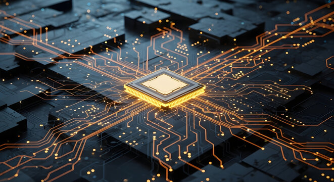 Closeup of a glowing microchip on a complex circuit board with orange light trails