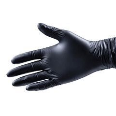 Black gloved hand extended, palm facing down