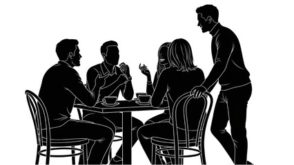 High quality black silhouette art of group of friends chatting at café table with cups and chairs outlined, relaxed posture, modern social scene on white background