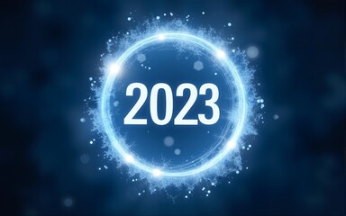 Vision 2023 New Year abstract circle word cloud text white shining bold light typography blue greeting card banner. High quality