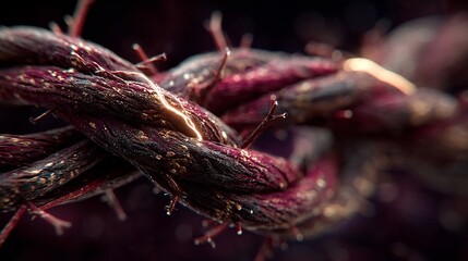 Complex tangled knot of dark thorny vines with a single glowing thread of light effortlessly weaving through and untangling the entire mess Symbol of elegant solutions