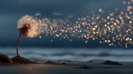 Dandelion with its seeds being blown away by the wind but instead of seeds they are tiny glowing lightbulbs spreading across a landscape symbolizing the dissemination of ideas