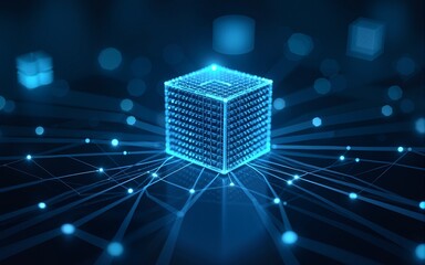 Obraz premium Block chain technology connecting digital cube to big data and cloud computing visualization, online exchange and transfer security business information in futuristic background. High quality