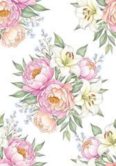 Fototapeta premium Watercolor floral pattern with peonies, lilies and forget me nots design