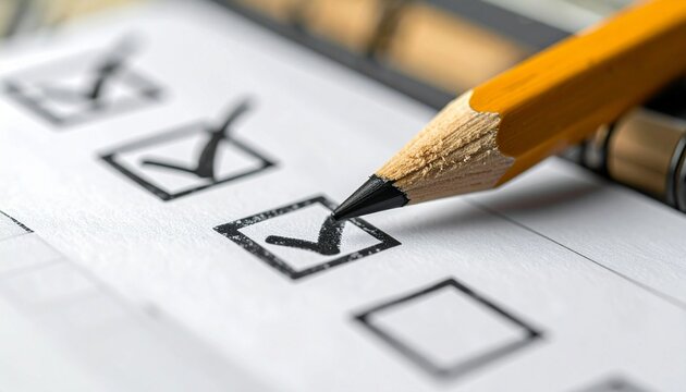 Black marking on checklist box with close-up of pencil on book background.