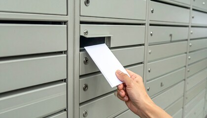 Hand placing mail in a mailbox in an apartment building.