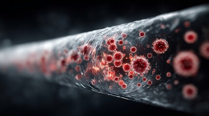 Digital stream of data flowing through a crystal clear pipe with a filter made of light instantly vaporizing any malicious red virus like particles